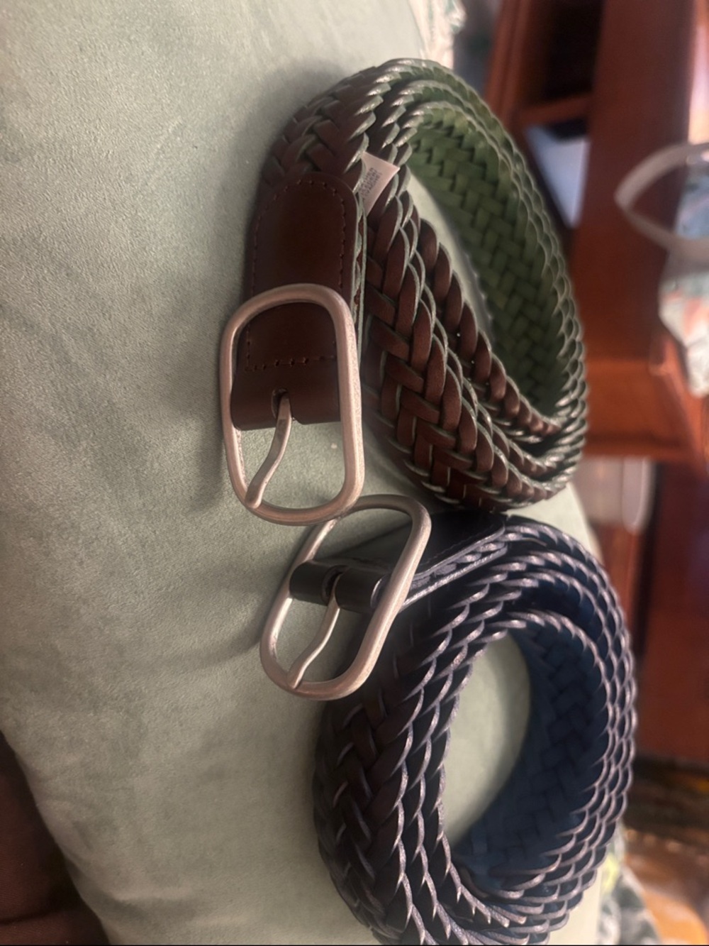 2 Lands' End Braided Leather Belt with solid brass/silver toned buckle